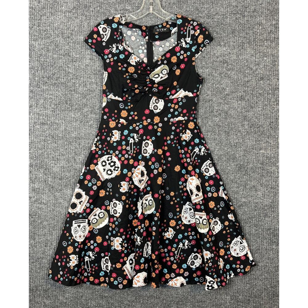 Oten Womens Sugar Skull Fit And Flare Dress Sz Small Goth Day Of Dead Pinup